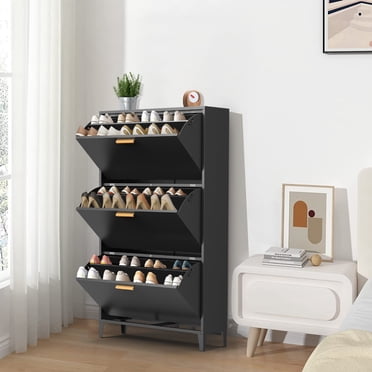 Kavey Modern Metal Shoe Cabinet with 3 Flip Drawers, Wall & Floor Mount 18-24 Pairs of Shoe Organizer, Steel Black Narrow Shoe Storage Cabinet for Entryway, Hallway and Corridor