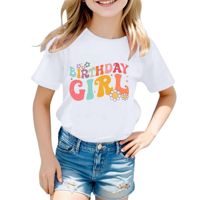LUOGENLI T-Shirt pour Filles Filles Mode Décontractée Lettre Col Rond T-Shirt à Manches Courtes Haut 5 Maxi Chemises pour Filles Été Coton Blanc 1-2 Ans