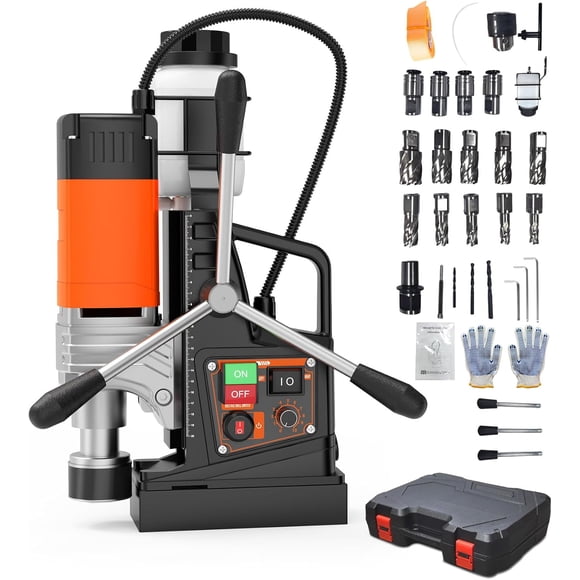YUSAZENS 1850W Heavy Duty Magnetic Drill Press- 2 Inch Max Bore Size- 2922lbf Magnetic Force- 810RPM- Forward Reverse Tapping Function- Full Accessories with Storage Case