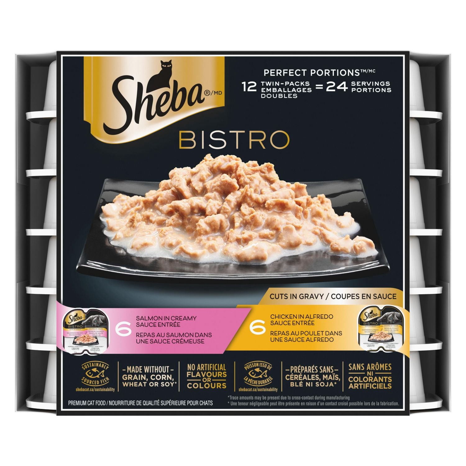 Sheba Bistro Perfect Portions, Chicken in Alfredo Sauce & Salmon in Creamy Sauce Adult Wet Cat Food Cuts in Gravy Variety 12 Pack