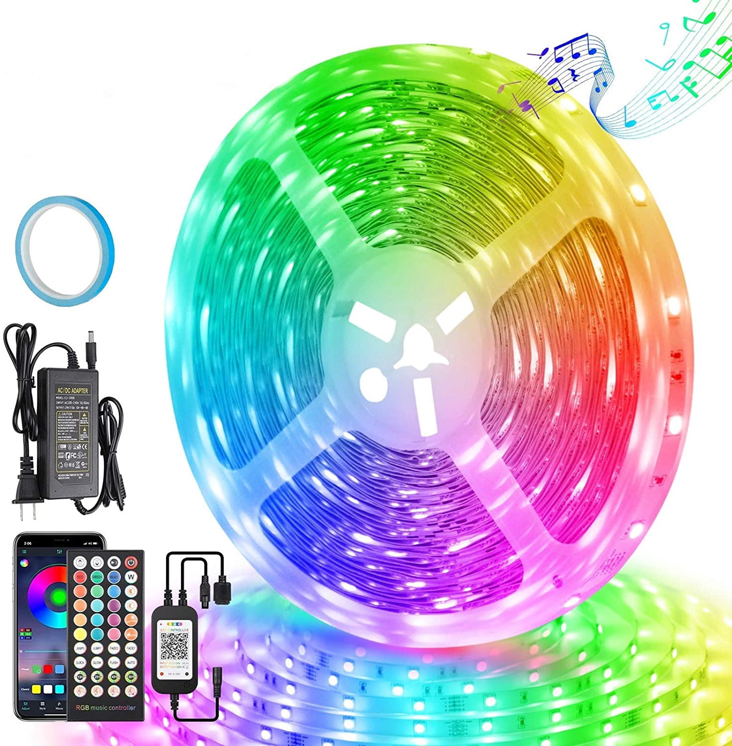 Led Strip Lights 65.5ft, DC24V Bluetooth Control Rope Light Music Sync Remote 5050SMD 600 LEDs Color Changing Tape Lights RGB Timing for Bedroom Home Room Lighting Decoration