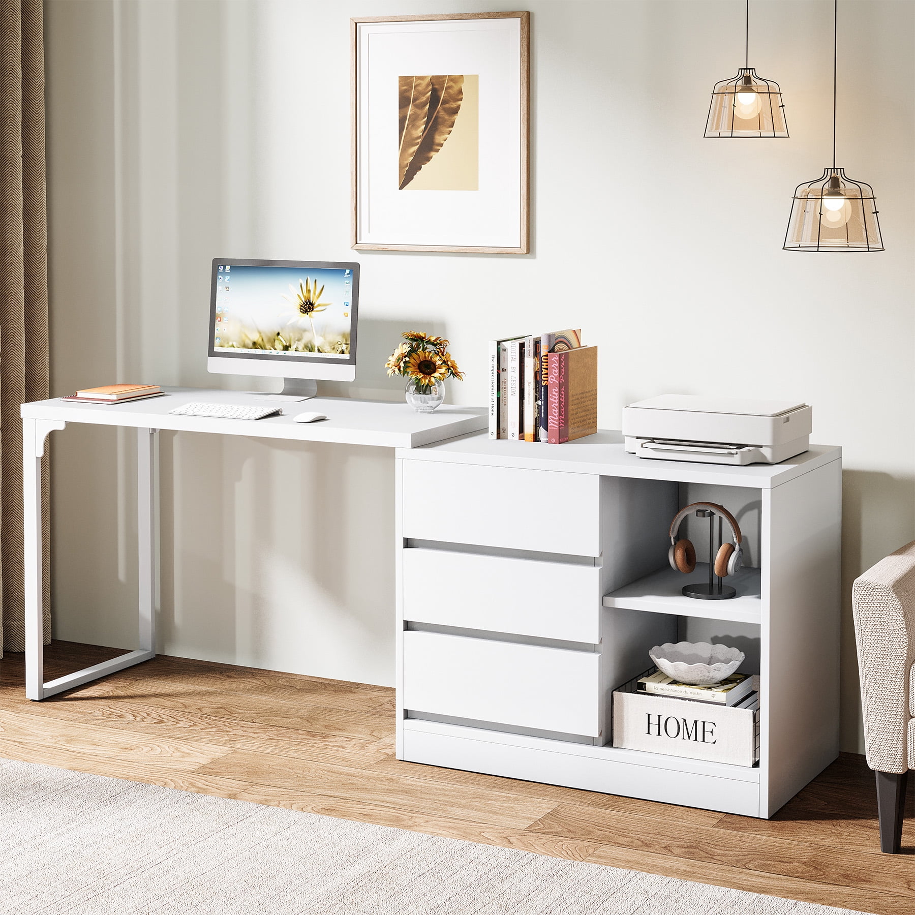Fnova Reversible Computer Desk with Drawers, Shelves, Storage Cabinet, Modern L-Shaped Corner Office Desk for Home Office, Bedroom, Study, Writing