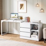 Fnova Reversible Computer Desk with Drawers, Shelves, Storage Cabinet, Modern L-Shaped Corner Office Desk for Home Office, Bedroom, Study, Writing