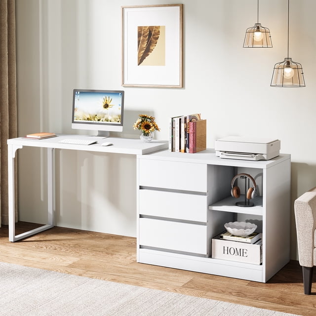 Fnova Reversible Computer Desk with Drawers, Shelves, Storage Cabinet, Modern L-Shaped Corner Office Desk for Home Office, Bedroom, Study, Writing