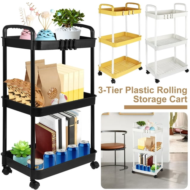 YOPTOP Chariot de Rangement à 3 Niveaux sur Roulettes Petit Chariot Utilitaire Chariot d'Organisation avec Roues Verrouillables Chariot de Rangement sur Roulettes Organisateur Étagère Chariot pour Cuisine Salle de Bain Salon Chambre Espaces, Blanc