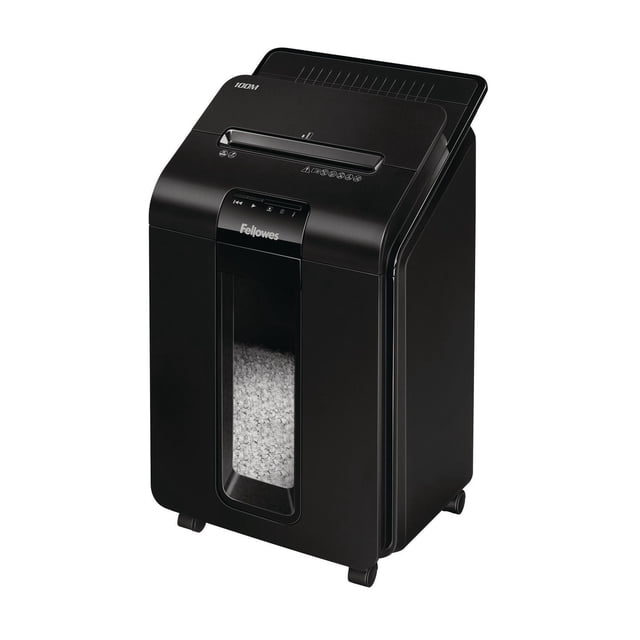AutoMax™ 100M Alimentation Automatique Shredder en Noir avec une Vue avant 3/4 Montrant une Haute Forme Rectangulaire sur Roulettes, avec une Fente d'Alimentation Supérieure, Fenêtre de Bac avant Transparente Remplie de Papier Déchiqueté, Image de Marque Fellowes, Sécurité Micro-Coupe P-4, protection contre les Bourrages Inversés Automatiquement et mode Veille Écoénergétique, Convient au Déchiquetage de Papier au Bureau et à l'École.