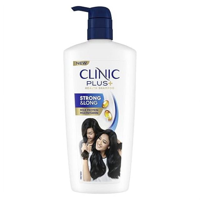 Clinic Plus Longue Shampoing Fort et Long Bouteille de 650 ml avec Distributeur à Pompe, Enrichi de Protéines de Lait et de Multivitamines pour les Soins Capillaires. Conçu pour Favoriser une Croissance Saine et des Cheveux, Il Offre une Nutrition de la Racine à la Pointe et Convient à un Usage Quotidien.