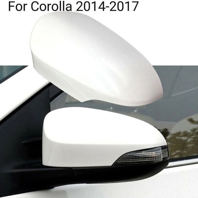 MYG Side Mirror Cover Cap for Toyota 2014-2017 Corolla, shown in a glossy white finish. Made of durable plastic, this left driver-side replacement part is designed for easy installation and cleaning. It enhances the car's appearance with a sleek, luxurious look.