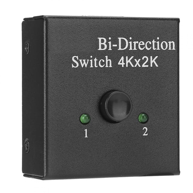 Bi Direction Converter, BiDirection Converter HDMI Switcher HDMI Splitter HDMI Switcher Enhanced Durability. A compact black ABS device with a central button, two green indicator lights labeled '1' and '2,' and text reading 'Bi-Direction Switch 4Kx2K' on the front. Supports HDMI 1.3, HDCP 1.2, 1080p, 3D, and 4K resolutions. Plug-and-play functionality for high-definition TVs, Blu-ray players, and TV boxes.