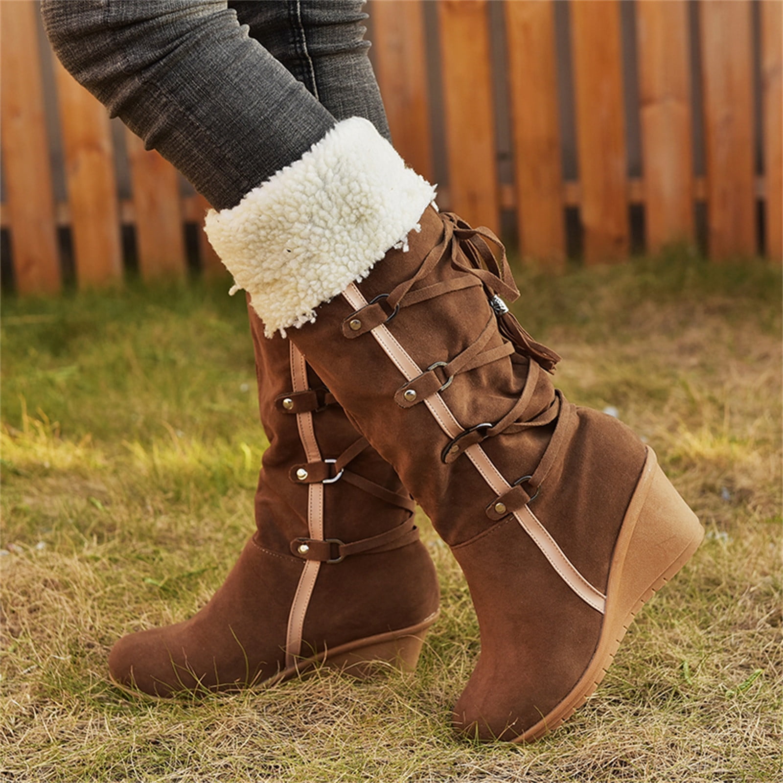 Bottes d'Automne Femmes Ponçage avec Pompons Manches Hautes Compensées Neige Chaussures Filles en Liquidation