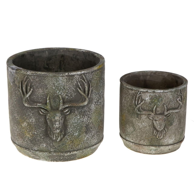 2 Pc Cement Round Planter (Deer) set with two distressed cement round planters featuring raised deer head details on the front, measuring 6.9L x 6.9W x 15H inches, suitable for indoor or outdoor garden decor and decorative storage.