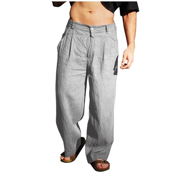 LNWUY Men's Casual Loose Baggy Pocket Pants Summer Solid Color Loose Comfort Breathable Cotton Linen Wide Leg Pants Gray XL