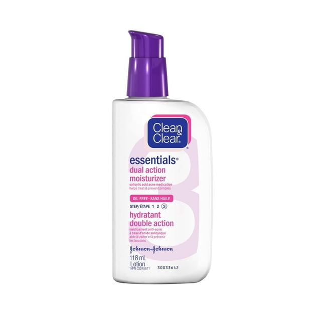 Clean & Clear Essentials Dual Action Moisturizer in a 118 mL white pump bottle with a purple dispenser, featuring salicylic acid acne treatment that moisturizes and helps prevent pimples, oil-free and suitable for all skin types.