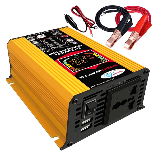 Amdohai Modified Sine Inverter High Frequency 6000W Power Watt Power with yellow and black casing, LCD display for real-time input/output voltage and frequency monitoring. Features dual USB ports, AC outlet, and built-in cooling fan. Ideal for automotive use, camping, and work trips. Includes battery clips, car plug, and user manual.