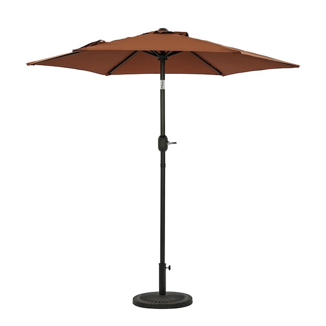Bistro 7.5-ft Hexagon Market Umbrella with coffee-coloured polyester canopy, six-rib steel frame, and 1.5-inch black powder-coated steel pole featuring crank and tilt functions, shown open on a round black base, suitable for small patios and balconies.