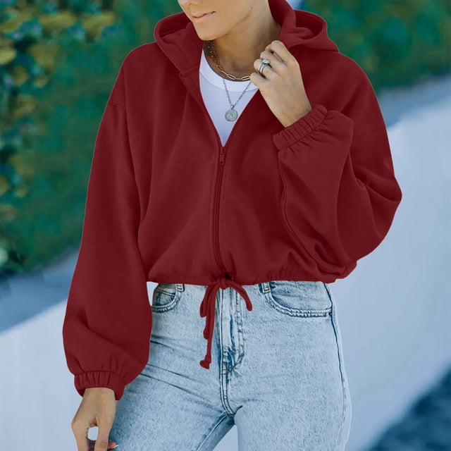 IROINID Veste Courte Décontractée pour Femmes Couleur Unie à Fermeture Éclair Manches Longues, Vin