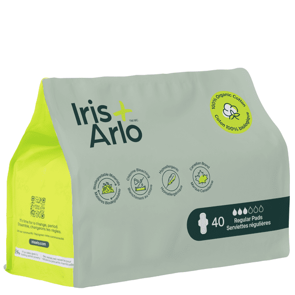 Iris + Arlo Organic Pads with Wings, Regular, 100% Cotton, Chemical-Free, Non-toxic, No plastic | Resealable Bag (40 Count)