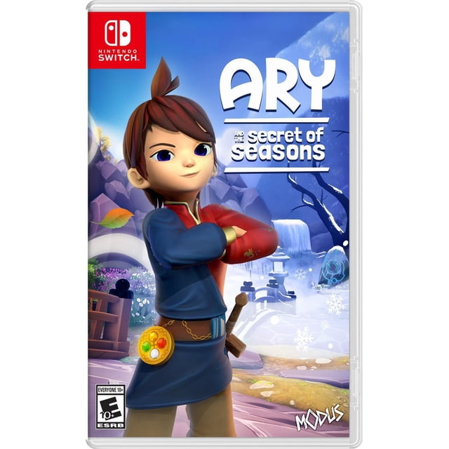 Ary & the Secret of Seasons Nintendo Switch game cover featuring a 3D character in a blue and red tunic with a gold medallion and wooden staff, standing with arms crossed against a fantasy landscape of waterfall, snowflakes, and rocky terrain, reflecting the game's seasonal adventure and puzzle themes.