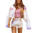 thumbnail image 1 of Women Cropped Denim Jacket Patchwork Button Down Shirt Shacket Casual Coat with Pocket, 1 of 7