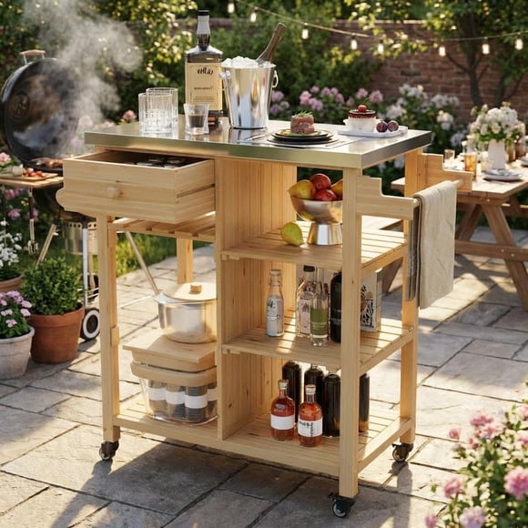 AKDSteel Sturdy Wood Outdoor Grill Cart With Stainless Steel Top, Storage Cabinet, Drawer, Open Shelves And Lockable Wheels, Portable Rolling Kitchen Island And Bbq Prep Table For Patio Cooking