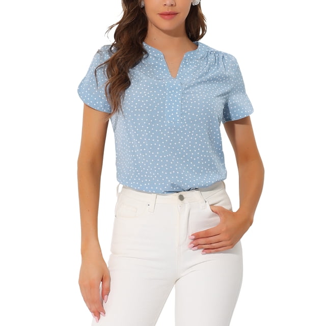 INSPIRE CHIC Women's Dots Printed Blouse V Neck Short Sleeve Wear-to-Work Top S Light Blue