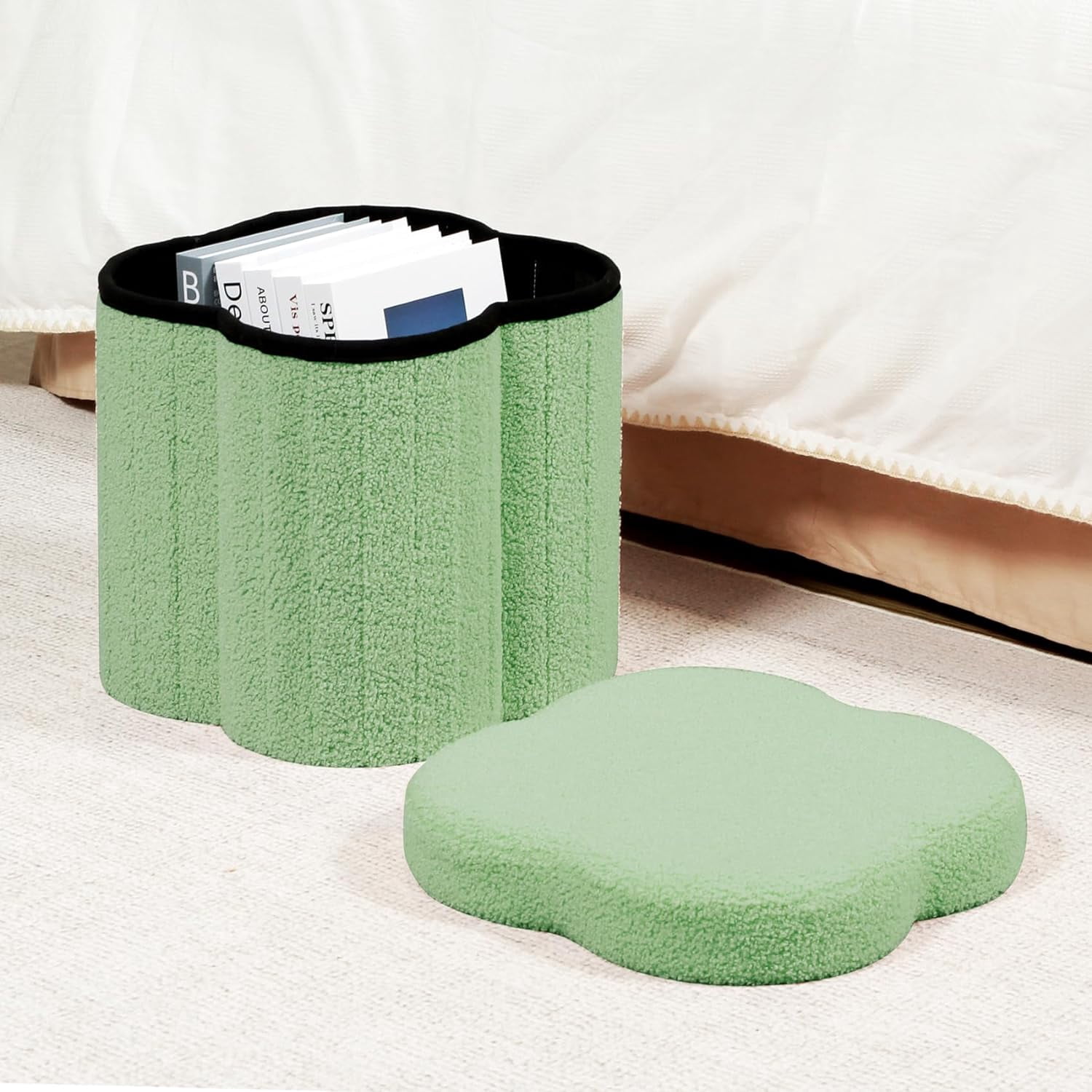 PINPLUS 12.6" Green Ottoman Storage Box, Folding Storage Seat Box, Small Footstool For Living Room, Kid's Toy Chest Box, Teddy Flower Shape,