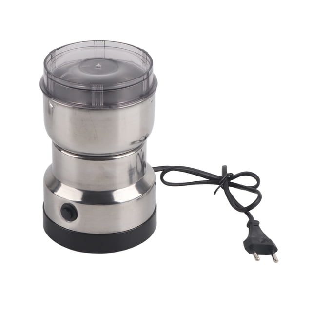Moulin à café électrique 220V en acier inoxydable avec un design compact et un couvercle transparent. Ce broyeur polyvalent, également appelé broyeur à épices électrique, est idéal pour moudre le café, les céréales, les noix et les haricots. Il dispose d'un bouton poussoir pour un contrôle facile et est alimenté par une prise UE. Le corps principal est en acier inoxydable résistant à la corrosion, avec une base en plastique noir et un moteur de 100-200W fonctionnant à 14,500 tr/min.