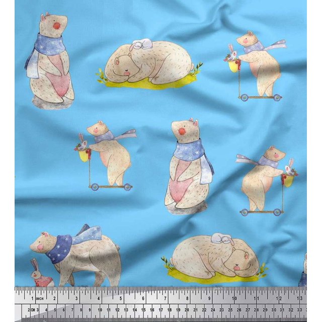 Soimoi Viscose Chiffon Fabric Cycle,Rabbit & Bear Kids Print Fabric by Yard 42 Inch Wide