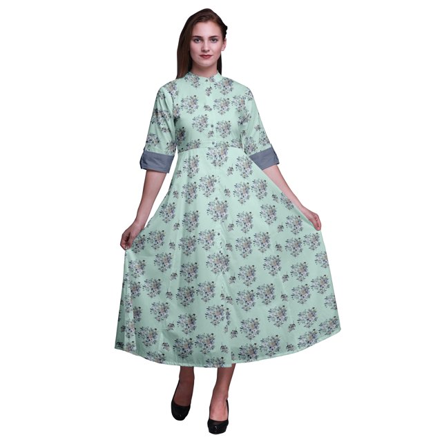Bimba Robe Chemise Mi-Mollet à Manches Retroussables Imprimée Florale pour Femmes - TG