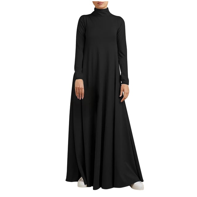 RKSTN Robes d'Automne pour Femmes Grande Taille Décontractées Robe de Couleur Unie Col Montant Manches Longues Hiver Automne Basique Tempérament Fluide Robe Maxi