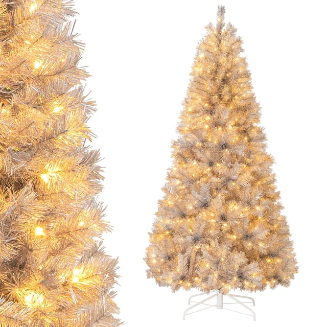 Gymax 7 FT Pre-Lit Artificial Christmas Tree with silver tinsel PVC leaves, 807 branch tips, and 400 warm white LED lights for a cozy holiday ambiance. Easy to assemble with hinged sections and a foldable metal base. Ideal for Christmas decorations and festive displays.