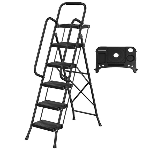 PhiloDeco Escabeau à 5 Marches, Idéal pour la Maison et le Bureau. Pieds Antidérapants, Structure en Aluminium, Léger et Facile à Déplacer, Pliable pour un Rangement Facile, Supporte jusqu'à 204 kg (450 Lbs) - Noir