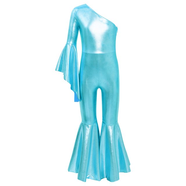 MSemis Girls Hippie Jumpsuit One Shoulder Flared Long Sleeve Bell-Bottom Pants Wide Leg Romper Disco Blue 6