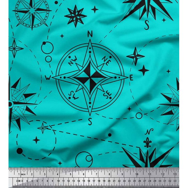 Soimoi Green Poly Georgette Fabric Direction Compass Nautical Print Fabric by the Yard 52 Inch Wide