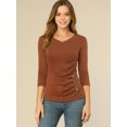 thumbnail image 3 of INSPIRE CHIC Women's Button Decor V Neck 3/4 Sleeve Solid Blouse Knitted Ruched Top, 3 of 6