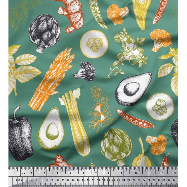 Soimoi Green polyester Crepe Fabric Mixed Vegetable Print Fabric by the Yard 52 Inch Wide