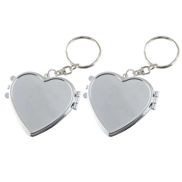 2 Pcs Porte-Clés Miroir Rond Compact Miroir de Maquillage Double Face Pendentif Clé Pliable (Argent, Forme de Cœur)