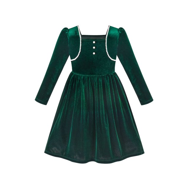 Robe Fille Velours Vert Noël Perle Manches Longues Vacances Hiver 10 Ans