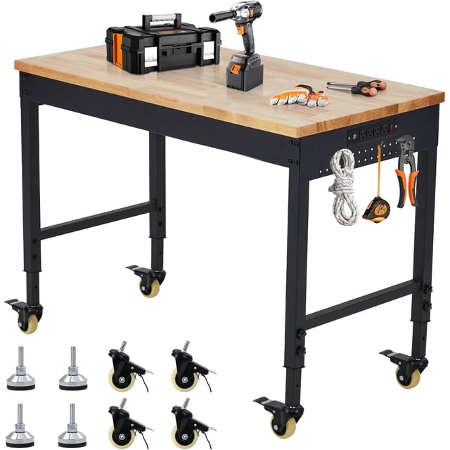 EDTara Adjustable Height Workbench, 60"x22", Heavy Duty Rubberwood Top, 2000 lbs Capacity, Mobile Workstation with Drawer, Pegboard, Power Outlets, and Lockable Wheels for Garage & Workshop