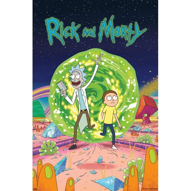 Rick And Morty - Affiche Murale de Couverture, 22,375 Pouces x 34 Pouces Représentant des Personnages Animés Rick And Morty Marchant à Travers un Portail Tourbillonnant Vert Lumineux vers un Paysage Extraterrestre Coloré avec des formations Cristallines et un Ciel Nocturne Étoilé, Convient pour Décorer des Chambres, des Bureaux Ou des Dortoirs.