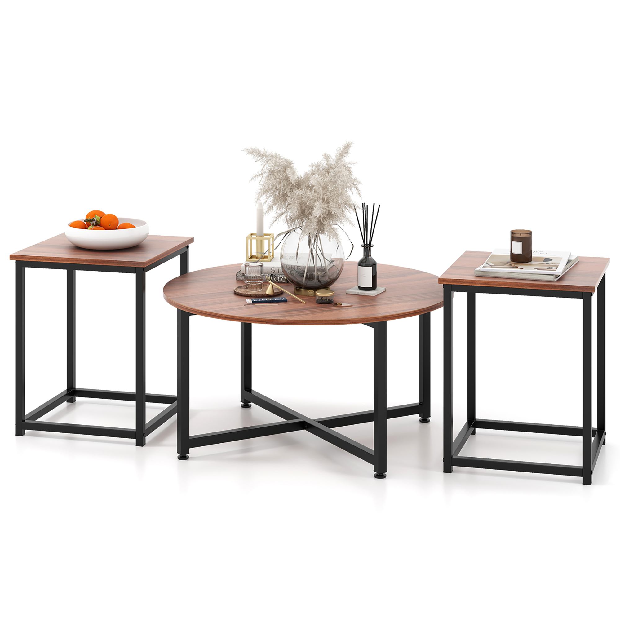 Gymax Round Nesting Table Set of 3 Modern/Farmhouse Coffee Table w/2 End Tables Walnut & Black