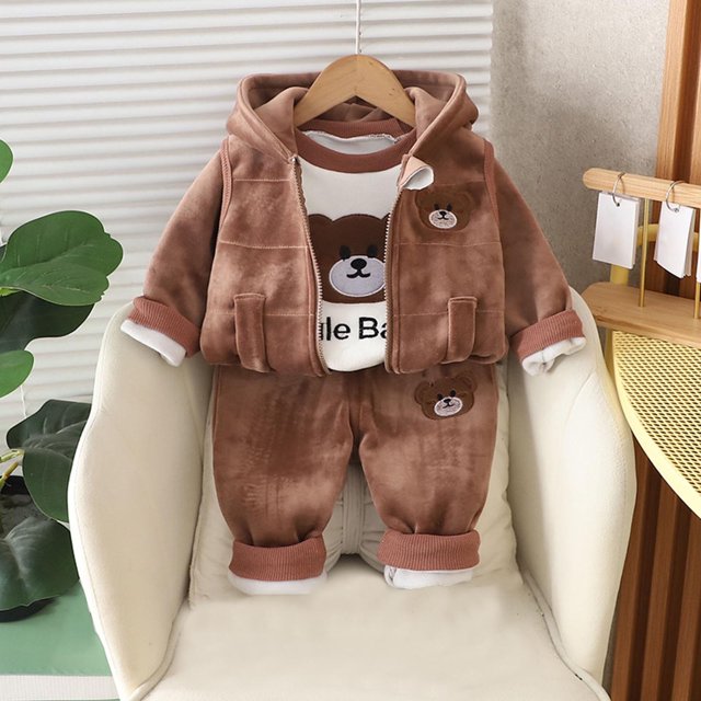 RXIRUCGD Ensemble Trois Pièces en Polaire à Manches Longues pour Garçons et Filles, Col Rond, Marron, Taille: 3 Ans