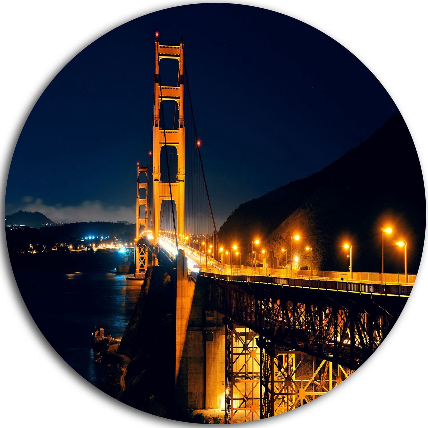 Art mural en métal Design Art Golden Gate dans la nuit ultra brillant en cercle