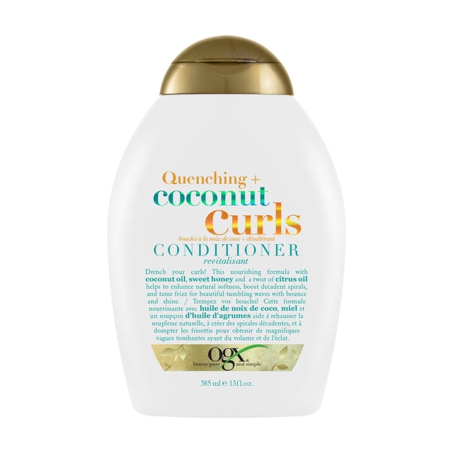 OGX Quenching + Coconut Curls Revitalisant Bouteille 385 ml avec Corps Blanc Incurvé et Bouchon à Clapet Doré, un Revitalisant Hydratant Rehaussant les Boucles avec Huile de Noix de Coco, Miel Sucré et Huile d'Agrumes Qui Nourrit, Démêle et Définit les Boucles Tout en Contrôlant les Frisottis.