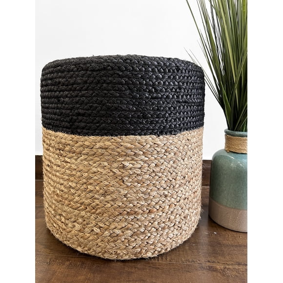 S & L Homes Pouf Ottoman - 100% Jute Braided Hand Knitted Traditional Cord Boho Pouffe for Living Room, Bedroom, Nursery, Patio, Lounge Colorblock -