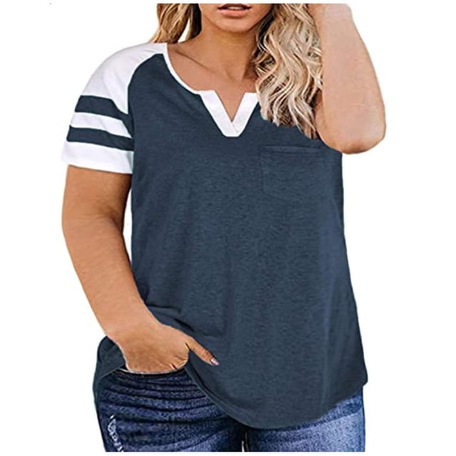 Summer Plus Size Summer Tops for Women Trendy Women‘s Plus-Size Tops For Women Summer V Neck T Shirts Color Block Raglan Tees V Neck Tshirt Women on Clearance