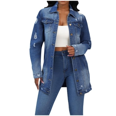 Women's Basic Denim Jacket Fashion Women Casual Button Solid Long Sleeve Tops Jacket Coat Jean Jacket S-84 Dark Blue M