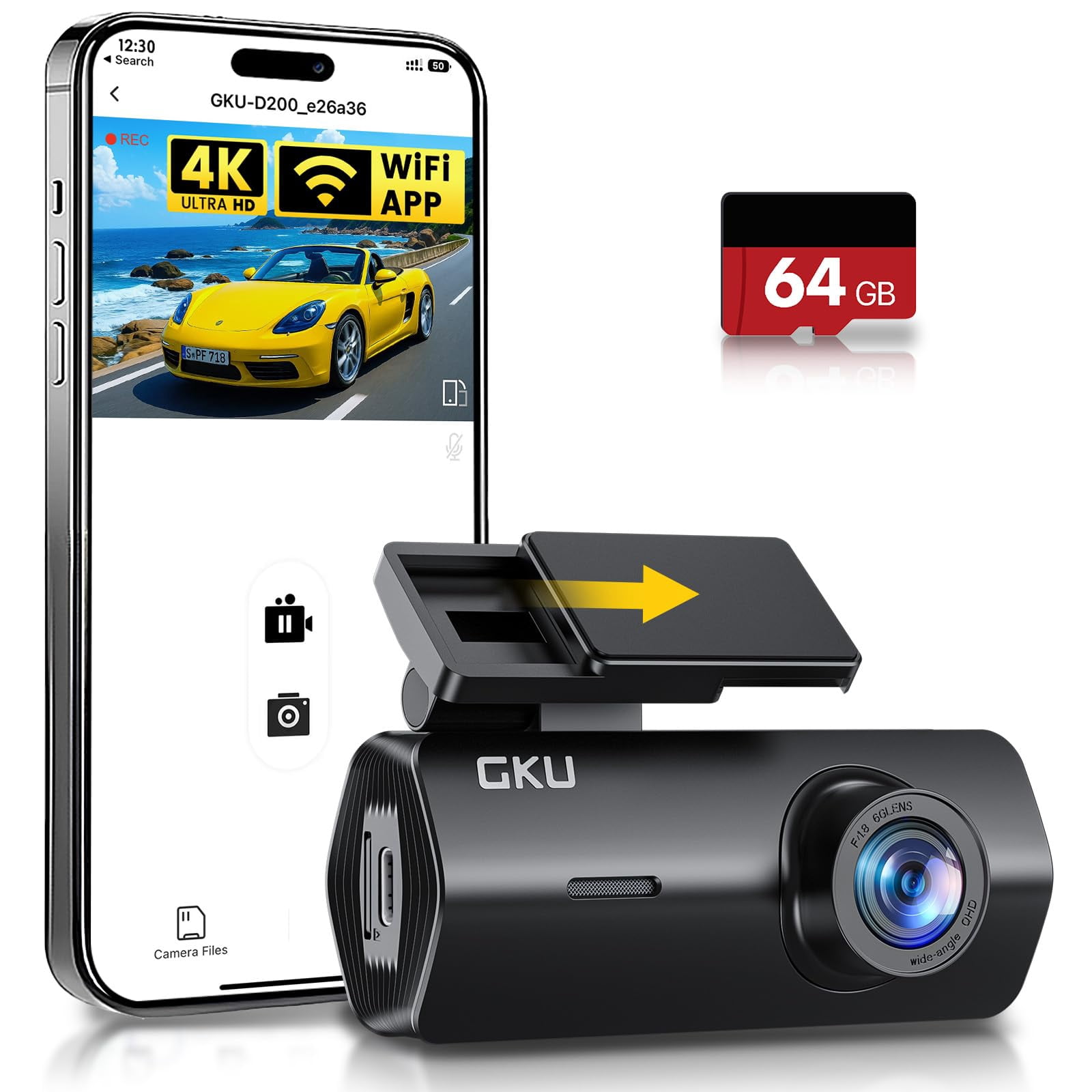 GKU 4K Dash Cam Front, Mini DashCam Includes 64GB Card, Dash Camera Built-in WiFi, 24H Parking Monitor,Night Vision,WDR,170&deg; Wide Angle,Loop Reco