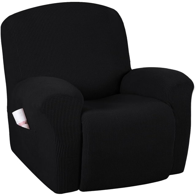 Super Stretch Recliner Couch Covers Chair Cover Form Fitted Non Slip Reclining Slipcovers for Standard Large Recliner, shown in a textured black jacquard fabric. The cover fits recliners with a back circumference of 78 to 88 inches and a sitting width of 24 to 33 inches. It features a right-side handle, a pocket for storage, and a continuous footrest. Designed to protect against spills, stains, and wear, it is suitable for both manual and electric recliners.