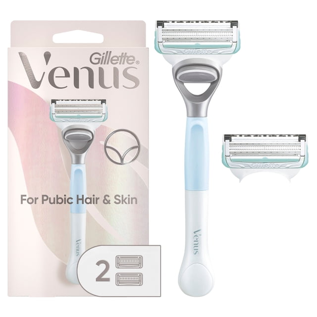 Gillette Venus for Pubic Hair and Skin women's razor with ergonomic white and light blue handle, small razor head featuring a precision trimmer on the back, and two blade refills, designed to protect sensitive skin from irritation and reach tricky areas, shown with packaging.